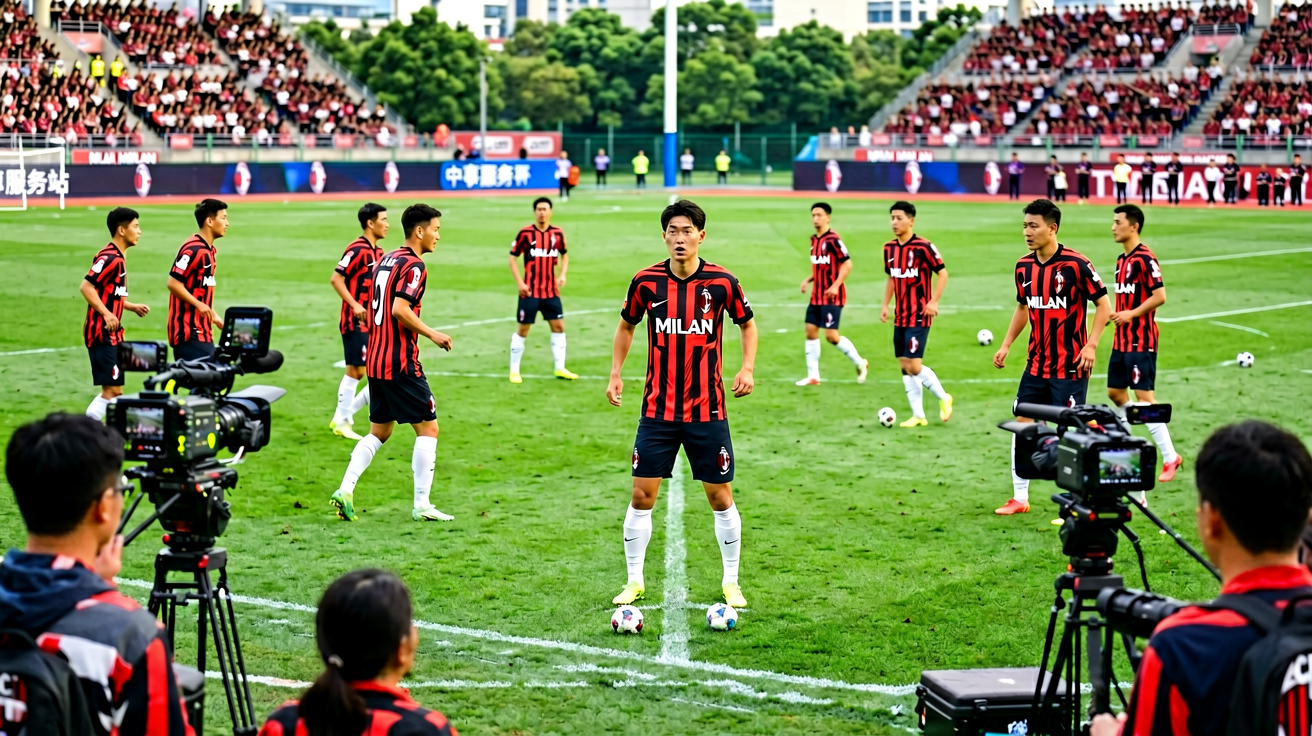AC米兰球队训练场景，球员在训练场进行战术演练